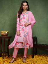 Women Pink Cotton Blend Floral Printed Straight Kurta Trouser With Dupatta-PKSKD2510PNK